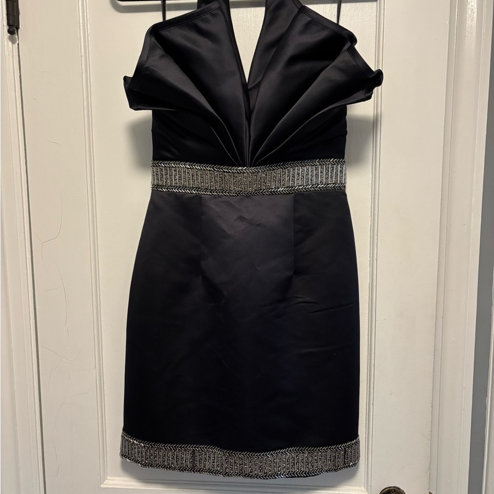 BG Haute Black and Silver Pleated Mini Cocktail Dress